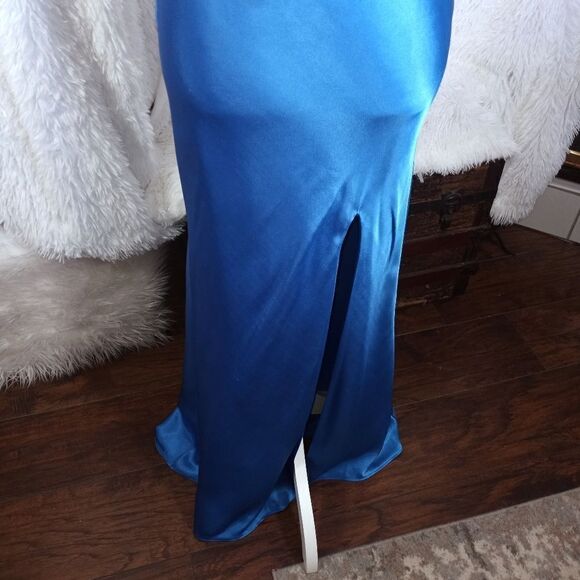 WORLDWIDE GOWN BLUE BEADED GOWN W/TRAIN EUC - Picture 4 of 9